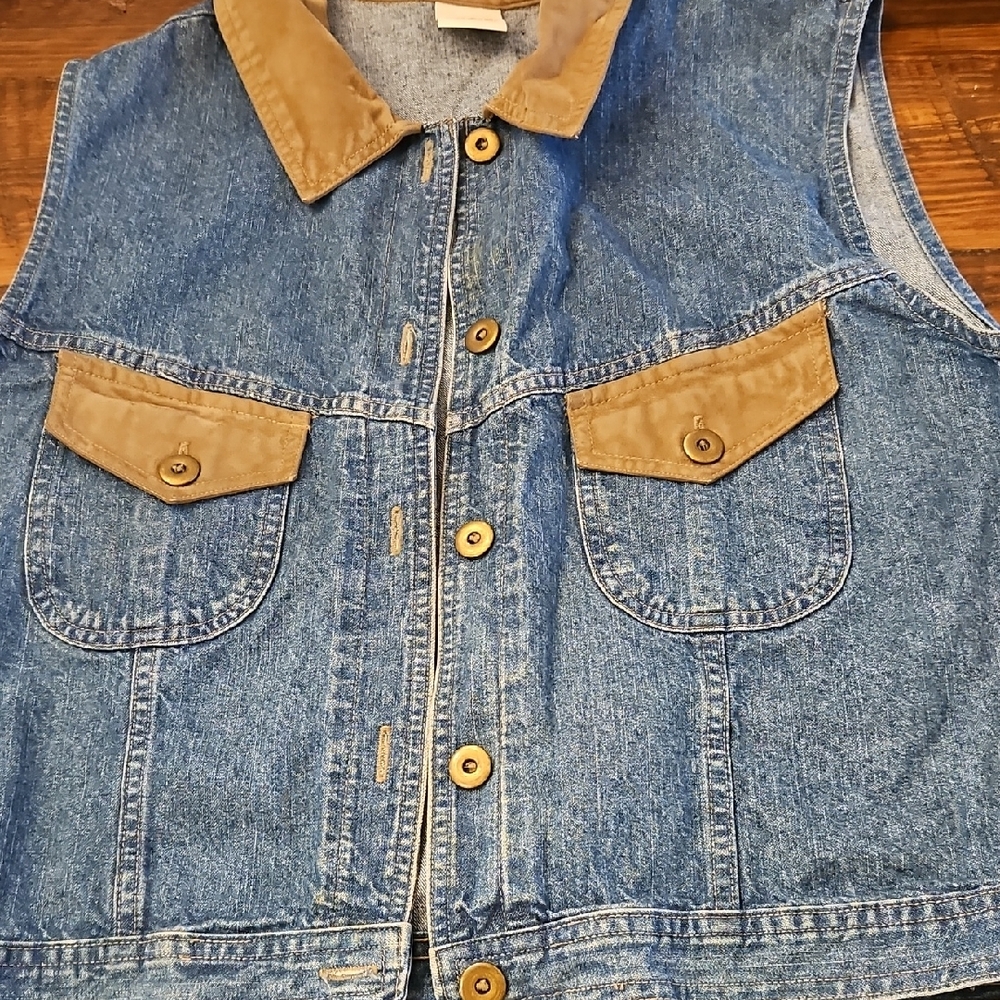 Vintage 80'S Cherokee Blue Denim Button - Down Vest with Brown Trim